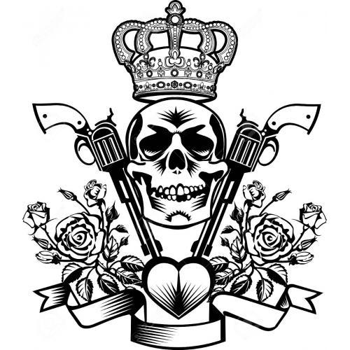 Skull with crown rose and gun